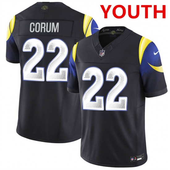 Youth los angeles rams #22 blake corum midnight blue 2025 f.u.s.e. “rivalries” vapor limited stitched football jersey - Ujersey