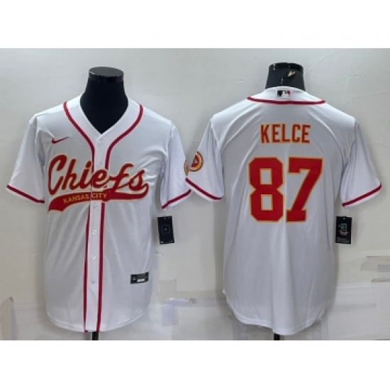 Men's Kansas City Chiefs #87 Travis Kelce White With Patch Cool Base Stitched Baseball Jersey - Ujersey