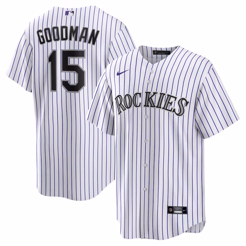 Men's Colorado Rockies Hunter Goodman Nike White Home Replica Jersey