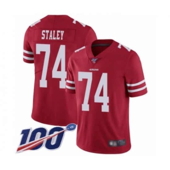 Men's San Francisco 49ers #74 Joe Staley Red Team Color Vapor Untouchable Limited Player 100th Season Football Jersey - Ujersey
