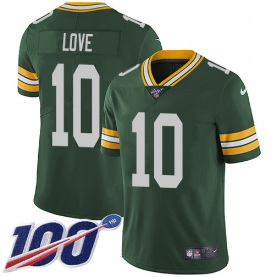 Men's Green Bay Packers #10 Jordan Love Green Team Color Stitched NFL 100th Season Vapor Untouchable Limited Jersey
