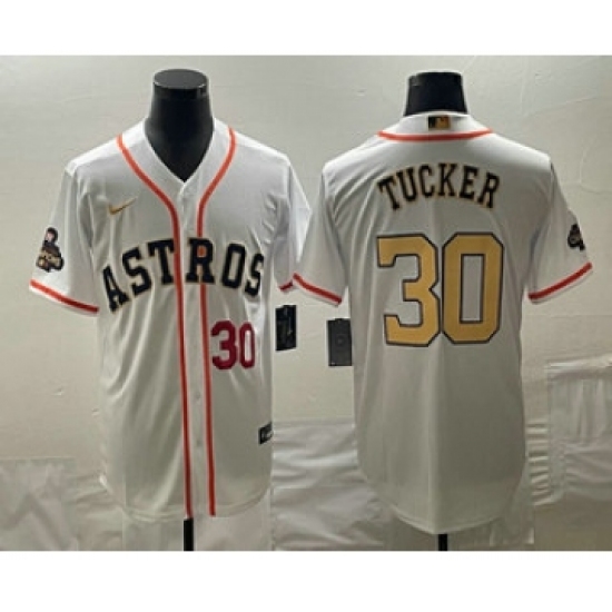 Men's Houston Astros #30 Kyle Tucker Number 2023 White Gold World Serise Champions Cool Base Stitched Jerseys - Ujersey