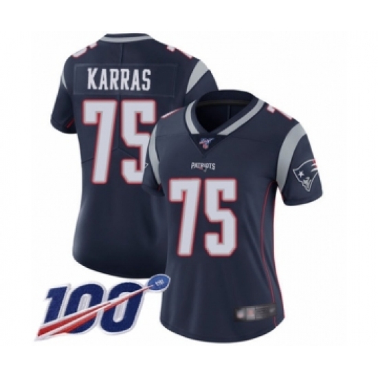 Women's New England Patriots #75 Ted Karras Navy Blue Team Color Vapor Untouchable Limited Player 100th Season Football Jersey - Ujersey