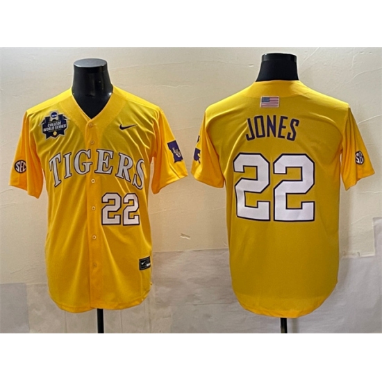 Men's LSU Tigers #22 Jared Jones Gold 2025 World Series & SEC Patch Stitched Baseball Jersey - Ujersey