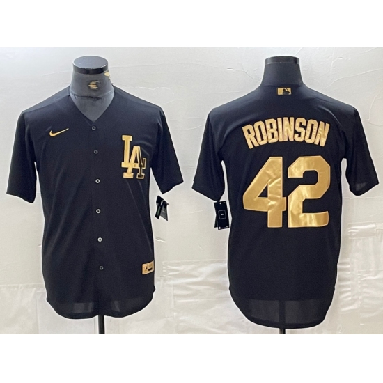 Men's Los Angeles Dodgers #42 Jackie Robinson Black Gold Cool Base Stitched Jersey - Ujersey