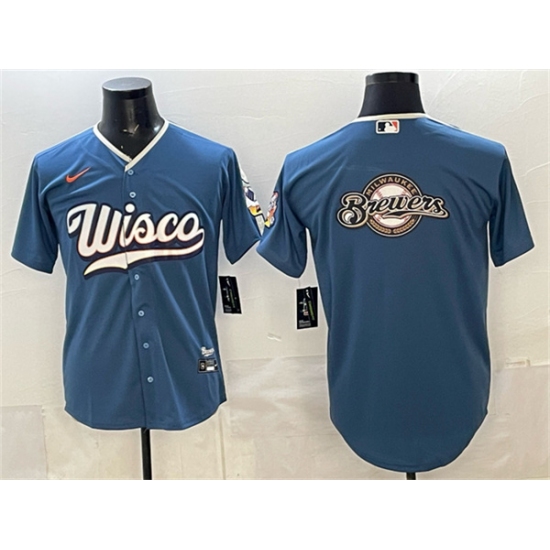 Men's Milwaukee Brewers Team Big Logo Mineral Blue 2026 City Connect Stadium Stitched Baseball Jersey - Ujersey