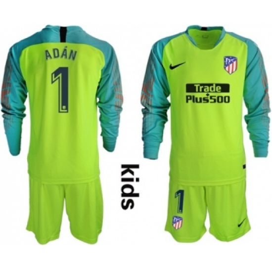 Atletico Madrid #1 Adan Shiny Green Goalkeeper Long Sleeves Kid Soccer Club Jersey
