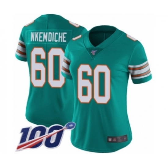 Women's Miami Dolphins #60 Robert Nkemdiche Aqua Green Alternate Vapor Untouchable Limited Player 100th Season Football Jersey - Ujersey