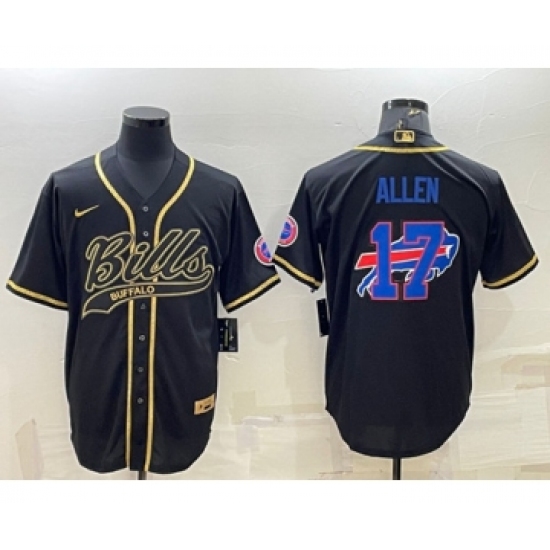 Men's Buffalo Bills #17 Josh Allen Black Gold Team Big Logo With Patch Cool Base Stitched Baseball Jersey - Ujersey