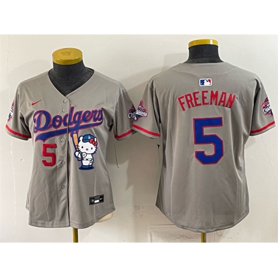 Women's Los Angeles Dodgers #5 Freddie Freeman Grey Hello Kitty Night 2025 World Series Champions Stitched Baseball Jersey(Run Small)