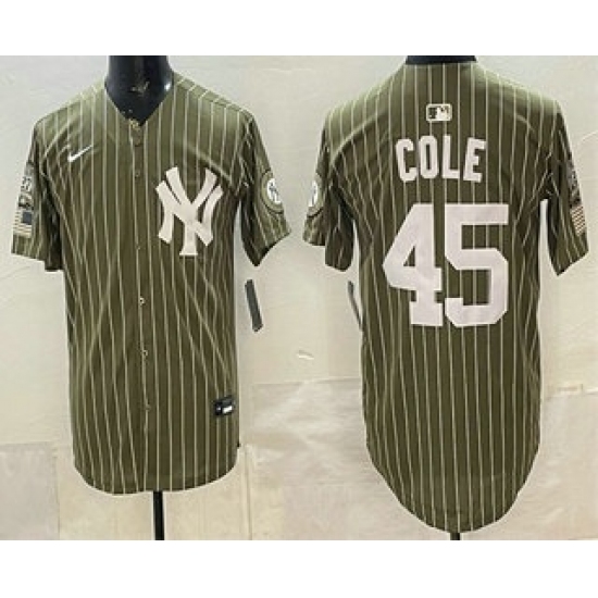 Men's New York Yankees #45 Gerrit Cole Olive Pinstripe 2026 Armed Forces Day Salute To Service Jersey - Ujersey