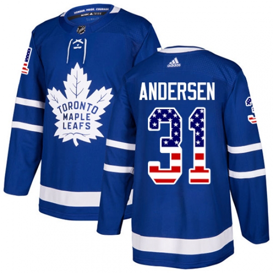 Youth Adidas Toronto Maple Leafs #31 Frederik Andersen Authentic Royal Blue USA Flag Fashion NHL Jersey - Ujersey