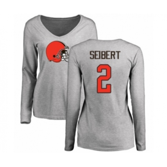 Football Women's Cleveland Browns #2 Austin Seibert Ash Name & Number Logo Long Sleeve T-Shirt - Ujersey