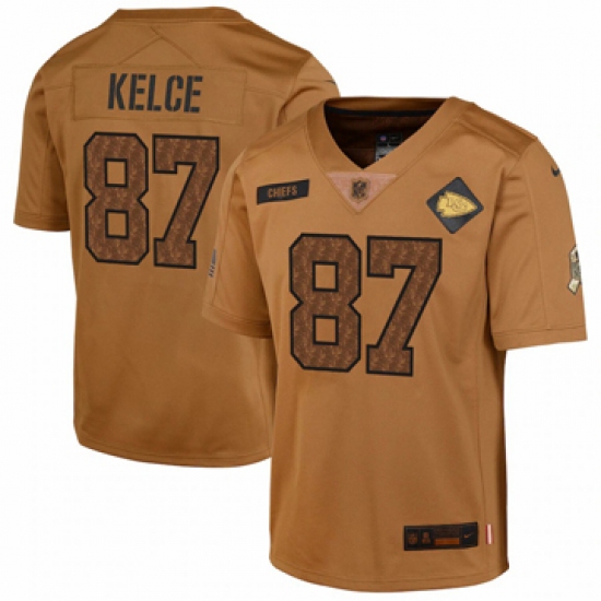 Youth Kansas City Chiefs #87 Travis Kelce Nike Brown 2023 Salute To Service Limited Jersey - Ujersey