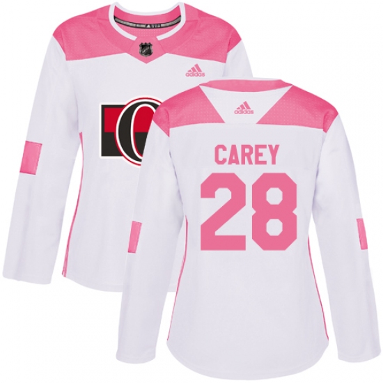 Women's Adidas Ottawa Senators #28 Paul Carey Authentic White Pink Fashion NHL Jersey - Ujersey