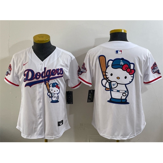 Women's Los Angeles Dodgers Team Big Logo White Hello Kitty Night 2025 World Series Champions Stitched Baseball Jersey(Run Small) - Ujersey