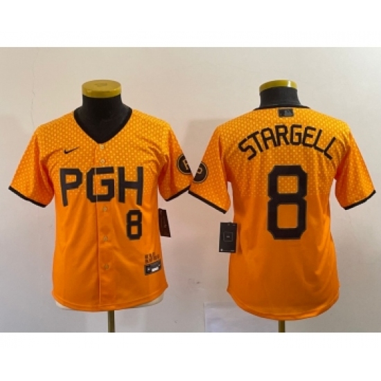 Youth Nike Pittsburgh Pirates #8 Willie Stargell Number Yellow 2023 City Connect Stitched Jersey2