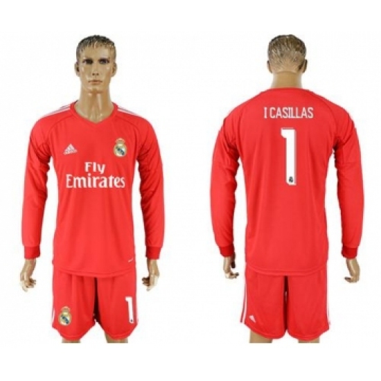 Real Madrid #1 I Casillas Red Goalkeeper Long Sleeves Soccer Club Jersey