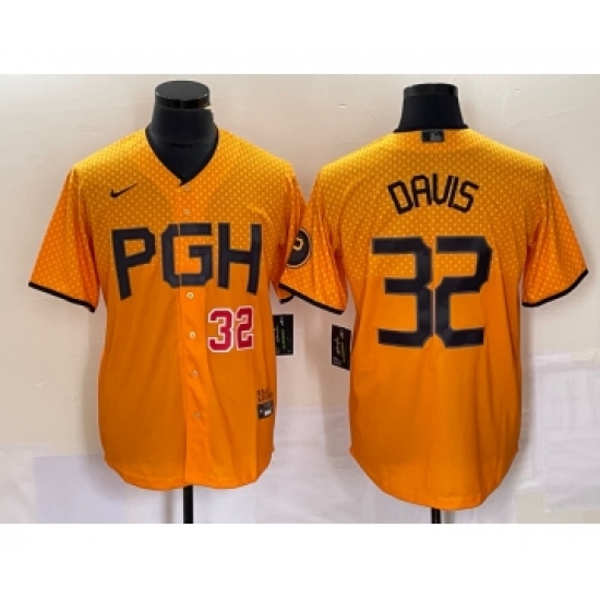 Men's Nike Pittsburgh Pirates #32 Henry Davis Number Yellow 2023 City Connect Stitched Jersey1 - Ujersey
