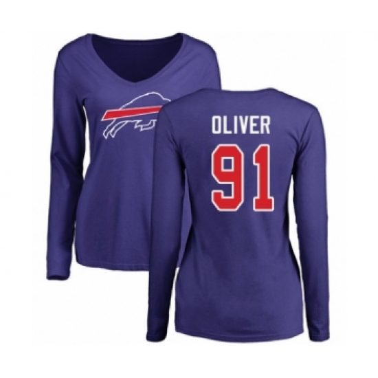 Football Women's Buffalo Bills #91 Ed Oliver Royal Blue Name & Number Logo Long Sleeve T-Shirt - Ujersey