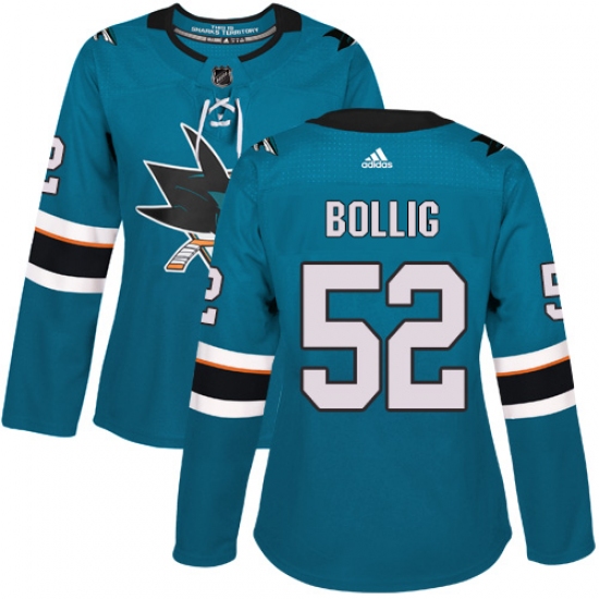 Women's Adidas San Jose Sharks #52 Brandon Bollig Premier Teal Green Home NHL Jersey - Ujersey