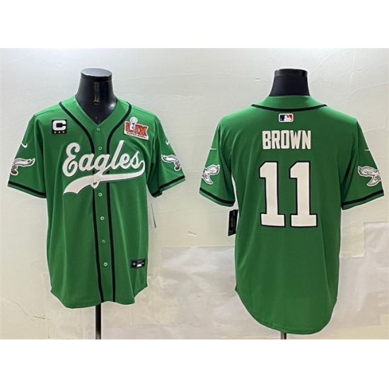 Men's Philadelphia Eagles #11 A.J. Brown Green 2025 Super Bowl LIX And 3-Star C Stitched Baseball Jersey - Ujersey