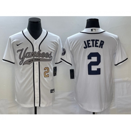 Men's New York Yankees #2 Derek Jeter Number White Cool Base Stitched Baseball Jersey - Ujersey