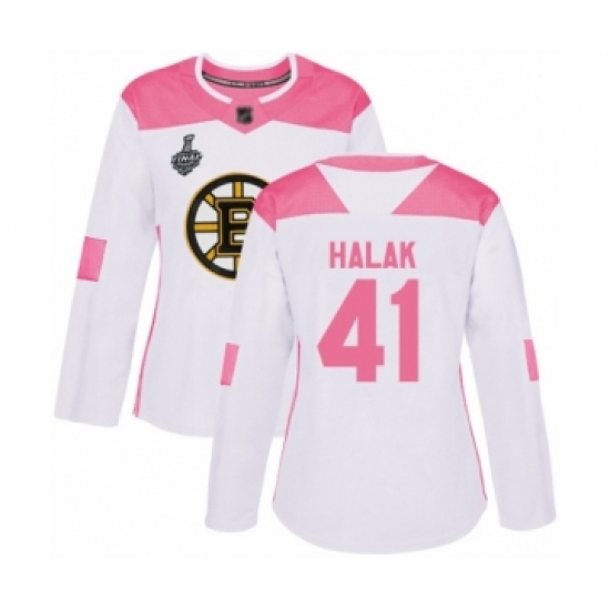 Women's Boston Bruins #41 Jaroslav Halak Authentic White Pink Fashion 2019 Stanley Cup Final Bound Hockey Jersey - Ujersey
