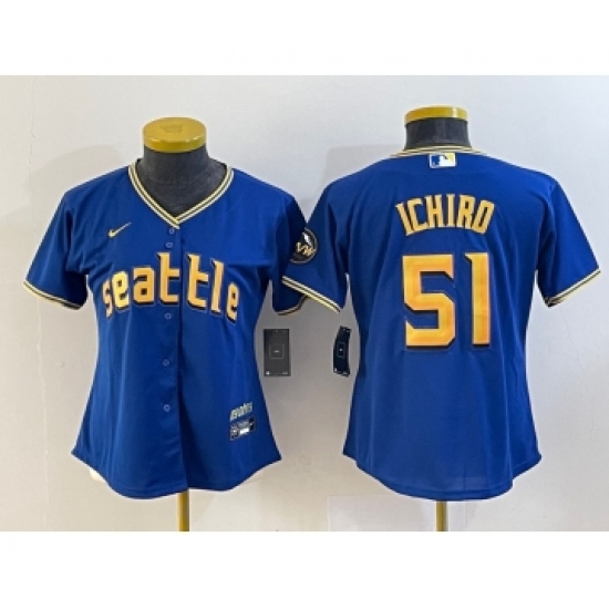 Women's Seattle Mariners #51 Ichiro Suzuki Blue 2023 City Connect Cool Base Stitched Jersey - Ujersey