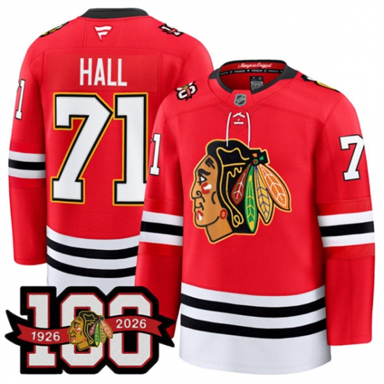 Men's Chicago Blackhawks #71 Taylor Hall Red 2025 Home 100th Anniversary Stitched Hockey Jersey - Ujersey