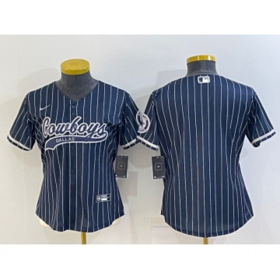 Women's Dallas Cowboys Blank Navy Blue Pinstripe With Patch Cool Base Stitched Baseball Jersey - Ujersey