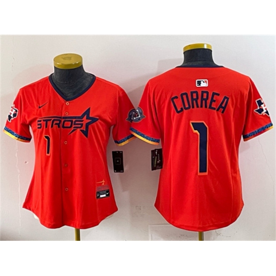 Women's Houston Astros #1 Carlos Correa Orange 2025 City Connect With Texas Patch Limited Stitched Baseball Jersey(Run Small)