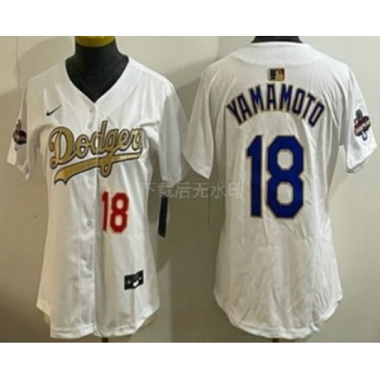 Women's Los Angeles Dodgers #18 Yoshinobu Yamamoto White Gold Champions Limited Jersey - Ujersey