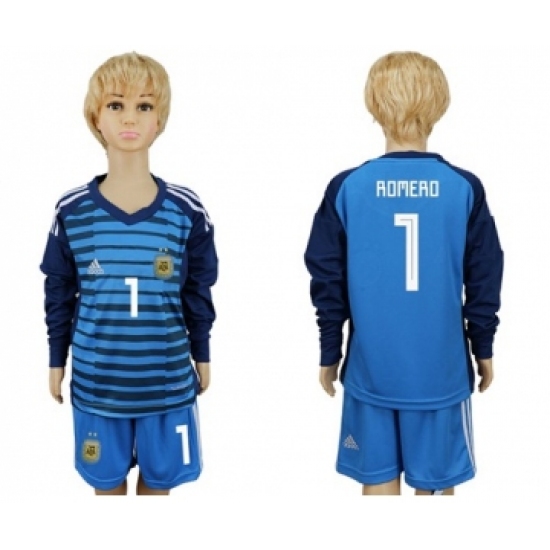Argentina #1 Romero Blue Long Sleeves Goalkeeper Kid Soccer Country Jersey