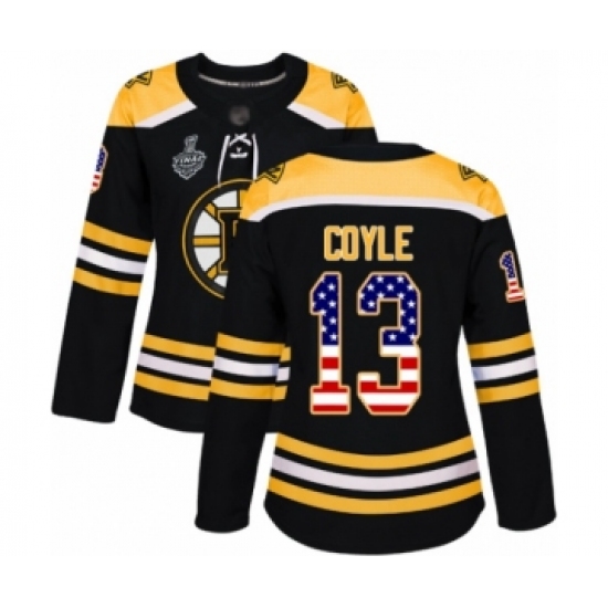 Women's Boston Bruins #13 Charlie Coyle Authentic Black USA Flag Fashion 2019 Stanley Cup Final Bound Hockey Jersey - Ujersey