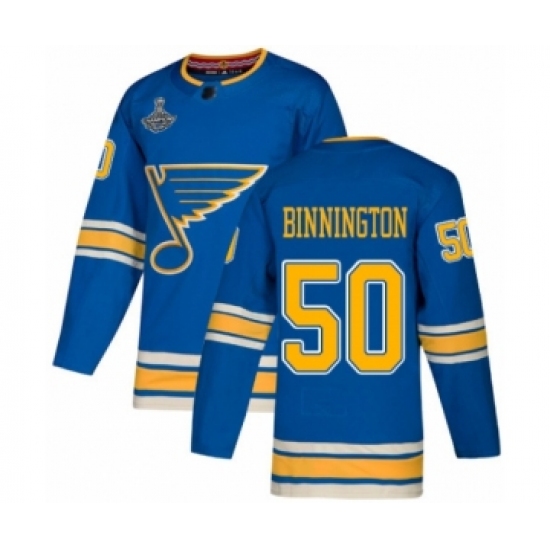 Men's St. Louis Blues #50 Jordan Binnington Authentic Navy Blue Alternate 2019 Stanley Cup Champions Hockey Jersey - Ujersey