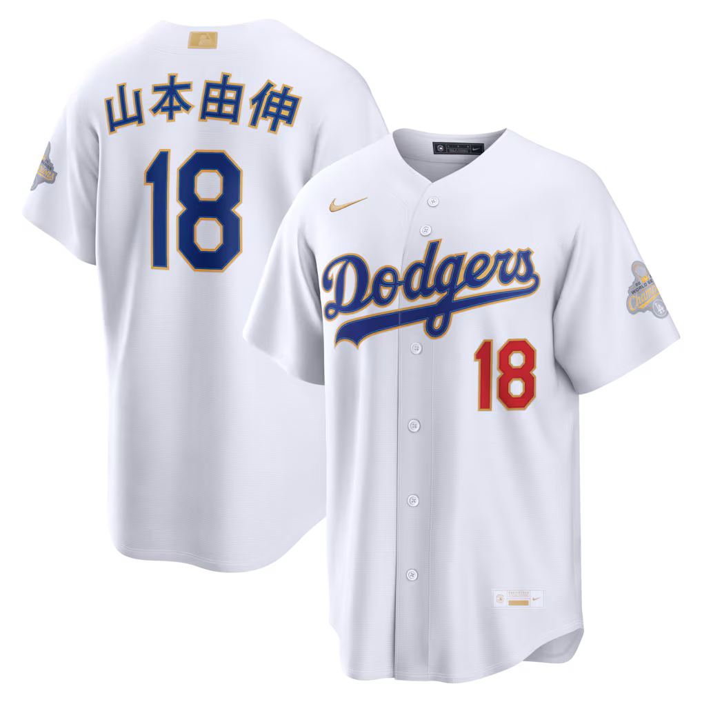 Men's Los Angeles Dodgers Yoshinobu Yamamoto Nike White 2026 Gold Collection Kanji Stadium Jersey - Ujersey Shop