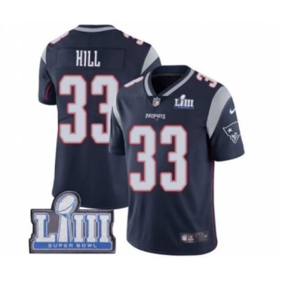 Men's Nike New England Patriots #33 Jeremy Hill Navy Blue Team Color Vapor Untouchable Limited Player Super Bowl LIII Bound NFL Jersey - Ujersey