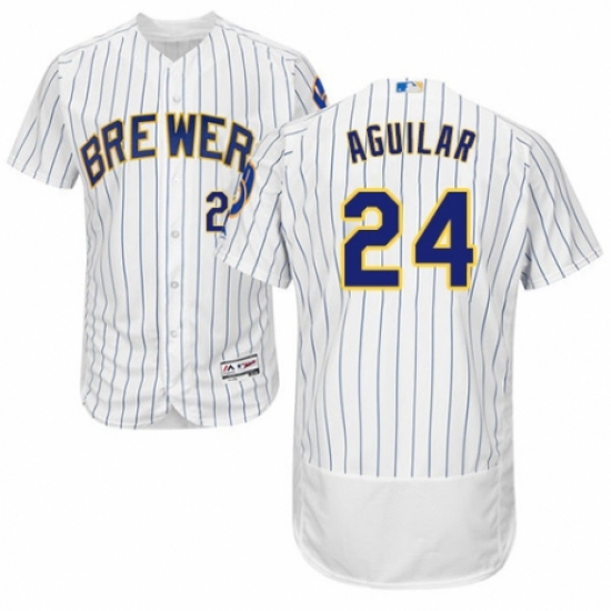 Men's Majestic Milwaukee Brewers #24 Jesus Aguilar White Home Flex Base Authentic Collection MLB Jersey - Ujersey