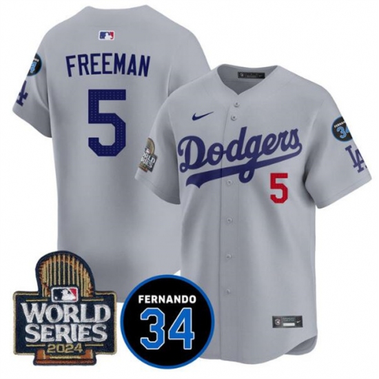 Men's Los Angeles Dodgers #5 Freddie Freeman Grey 2024 World Series With Fernando Memorial Limited Stitched Baseball Jersey - Ujersey