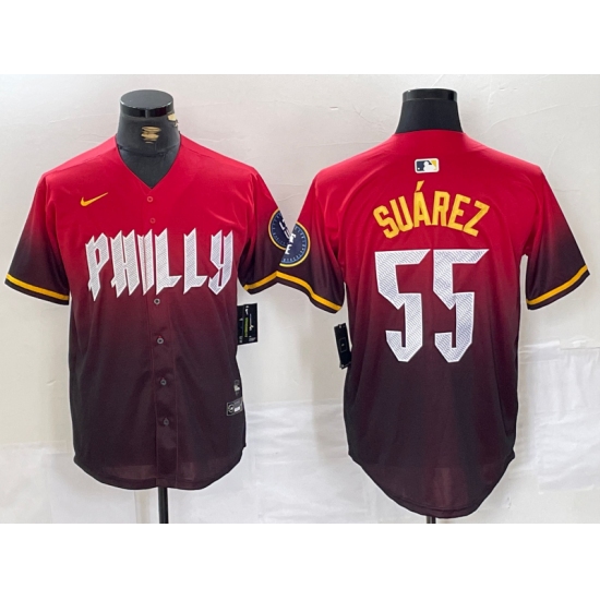 Men's Philadelphia Phillies #55 Ranger Suarez Red 2024 City Player Number Cool Base Jersey1