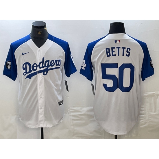 Men's Los Angeles Dodgers #50 Mookie Betts White Blue Fashion Stitched Cool Base Limited Jerseys - Ujersey