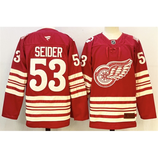 Men's Detroit Red Wings #53 Moritz Seider Red 2025-26 Centennial Premium Stitched Hockey Jersey - Ujersey