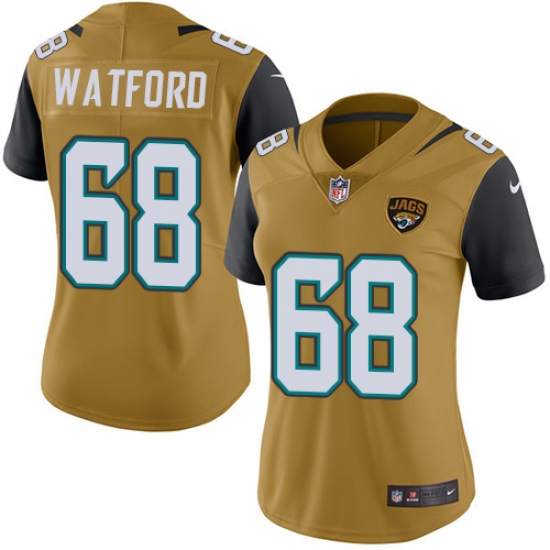 Women's Nike Jacksonville Jaguars #68 Earl Watford Limited Gold Rush Vapor Untouchable NFL Jersey - Ujersey