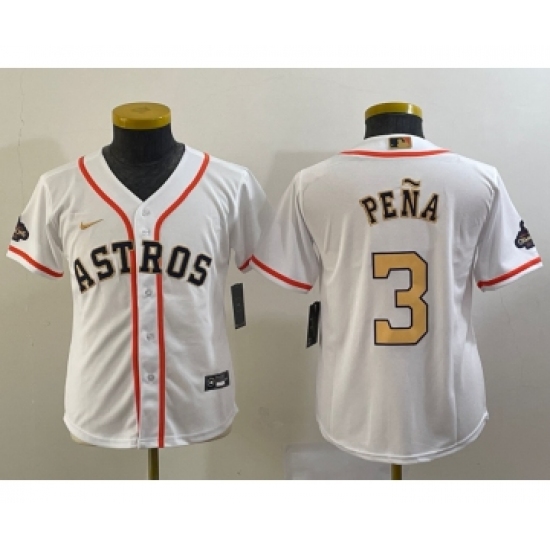Youth Houston Astros #3 Jeremy Pena 2023 White Gold World Serise Champions Cool Base Stitched Jersey