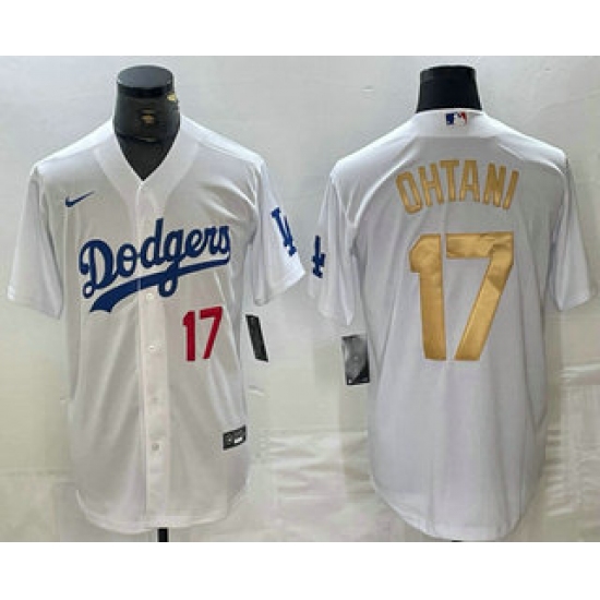 Men's Los Angeles Dodgers #17 Shohei Ohtani Number White Gold Stitched Cool Base Nike Jersey - Ujersey