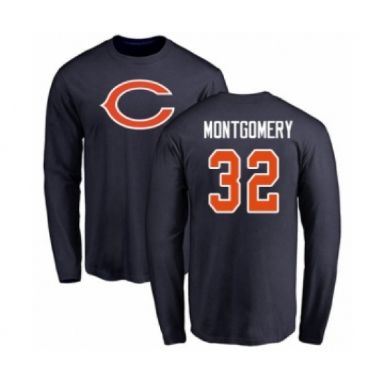 Football Chicago Bears #32 David Montgomery Navy Blue Name & Number Logo Long Sleeve T-Shirt - Ujersey