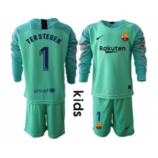 Barcelona #1 Ter Stegen Green Goalkeeper Long Sleeves Kid Soccer Club Jersey