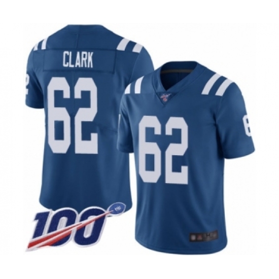 Men's Indianapolis Colts #62 Le'Raven Clark Royal Blue Team Color Vapor Untouchable Limited Player 100th Season Football Jersey