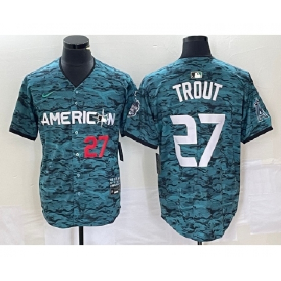 Men's Nike Los Angeles Angels #27 Mike Trout Number Teal 2023 All Star Cool Base Stitched Jersey - Ujersey